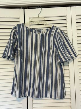CAbi Navy and White Vertical Stripe Short Sleeve Blouse